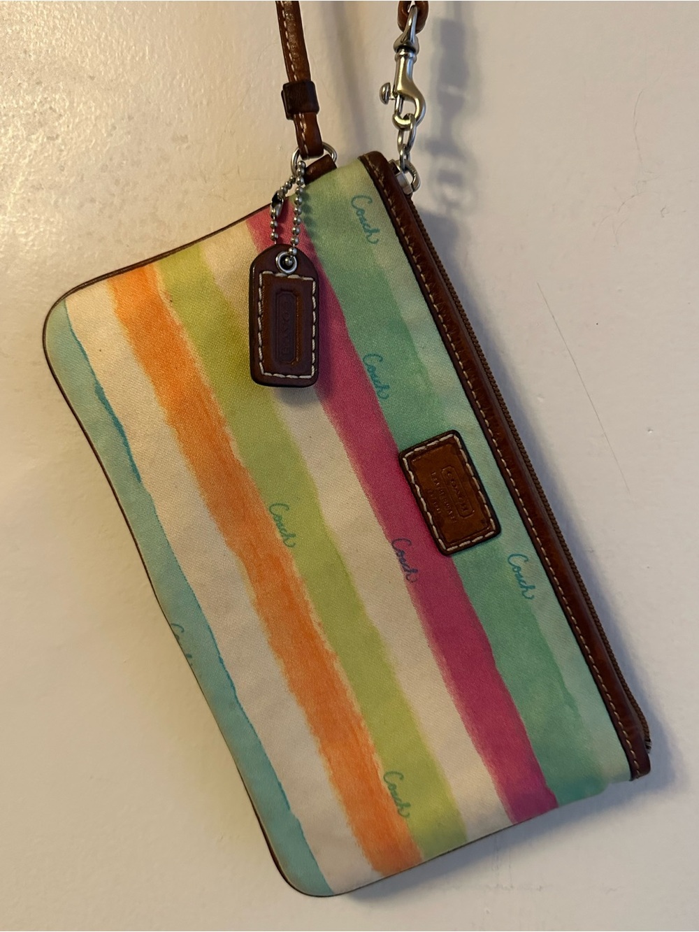 Coach Striped Multicolor Canvas Wristlet with Brown Leather Trim - Picture 14 of 15